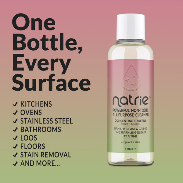 Natriе Powerful Non-Toxic All-Purpose Cleaner concentrated refill bottle on a pink-to-green gradient background with promotional text reading 'One Bottle, Every Surface' and a checklist of use cases.