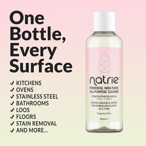 Natriе Powerful Non-Toxic All-Purpose Cleaner refill bottle on a soft pink-to-light-green gradient background with large promotional text listing use cases like kitchens, ovens, bathrooms, and floors.