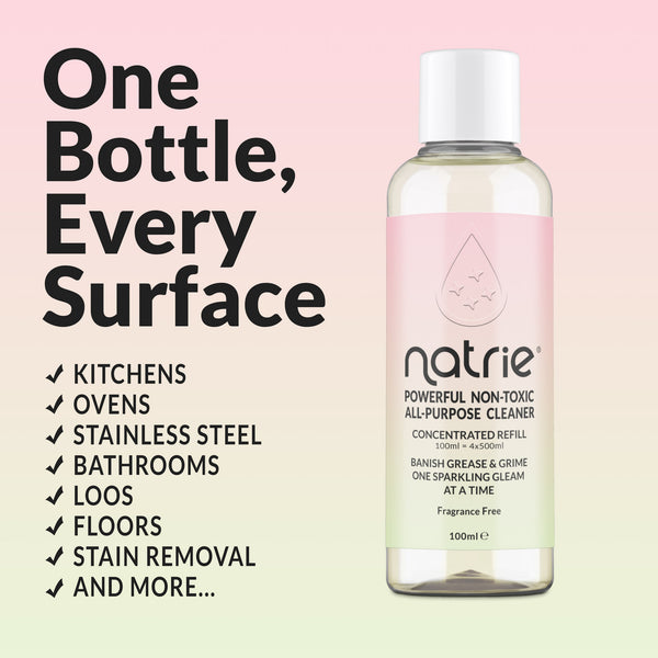 Natriе Powerful Non-Toxic All-Purpose Cleaner refill bottle on a soft pink-to-light-green gradient background with large promotional text listing use cases like kitchens, ovens, bathrooms, and floors.