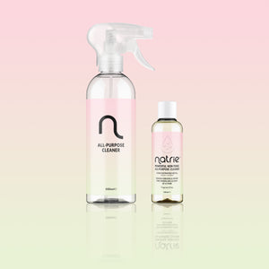 Two bottles of 'natrie' products on a gradient background