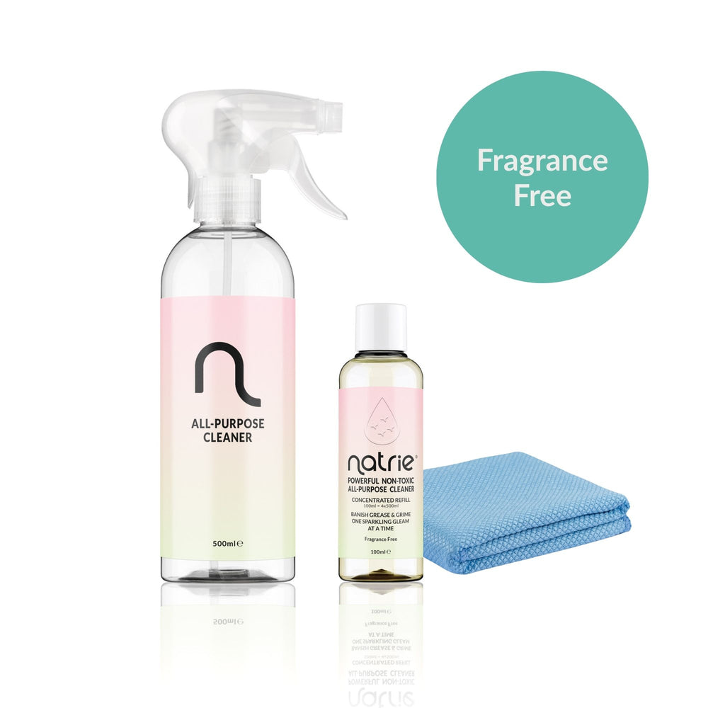 Cleaning products including a spray bottle, a small bottle, and a cloth on a white background with 'Fragrance Free' label.